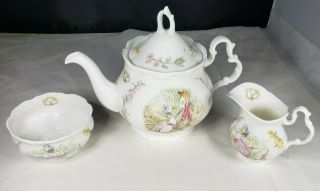 Royal Albert Beatrix Potter Teapot,  Sugar Bowl And Milk Jug 4 Piece Set