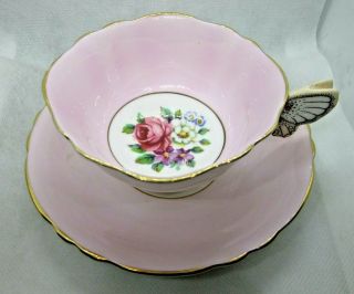 Paragon Butterfly Handle Cabbage Rose Gold Pink Teacup Tea Cup Saucer