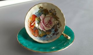 Aynsley Tea Cup Signed J A Bailey Cabbage Rose Floral Turquoise Or