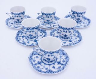6 Cups & Saucers 1036 - Blue Fluted Royal Copenhagen Double Lace - 2nd Quality