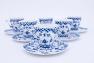 6 Cups & Saucers 1036 - Blue Fluted Royal Copenhagen Double Lace - 2nd Quality 2