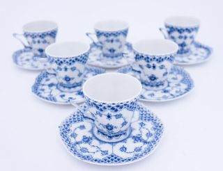 6 Cups & Saucers 1036 - Blue Fluted Royal Copenhagen Double Lace - 2nd Quality 3
