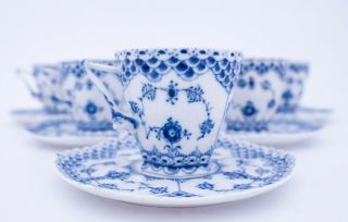 6 Cups & Saucers 1036 - Blue Fluted Royal Copenhagen Double Lace - 2nd Quality 6