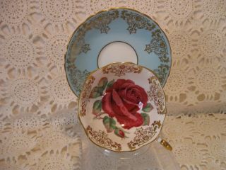 Paragon Large Cabbage Rose Tea Cup And Saucer Light Blue Background Stunning