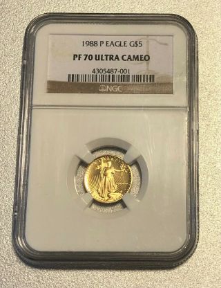 1988 - P American Gold Eagle Proof Pf 70 Ultra Cameo 1/10 Oz Gold $5 | Ngc Graded