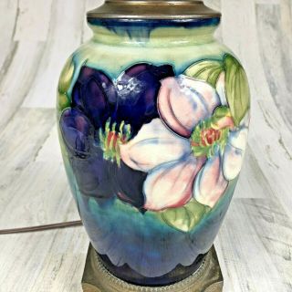 Vintage Signed Walter Moorcroft Blue Clematis Flowers Lamped Vase 9 ½” Lamp