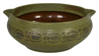 Marblehead Pottery Decorated Matte Green Bowl Pat.  Pending Mark