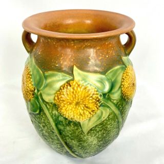 Roseville Pottery 8 1/4 " Sunflower 491 - 8 Round Vase Circa 1930s Vibrant