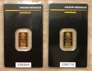 5 Grams Gold Bullion - Two Argor - Heraeus 2.  5 Gram Gold Bars In Assay 999.  9 Fine