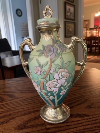 Vintage Japanese Nippon Coralene Porcelain 2 - Handled Lidded Green Vase Roses