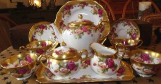 15pc Tea Set Royal Chelsea Golden Rose Teapot - Cream - Sugar - Cups - Saucer - Plates 24k