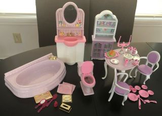Mattel Barbie Dining Room & Bathroom For Folding Pretty House 1996 W/accessories