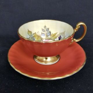 Aynsley Cabbage Rose Rust Cup And Saucer Signed J.  A.  Bailey