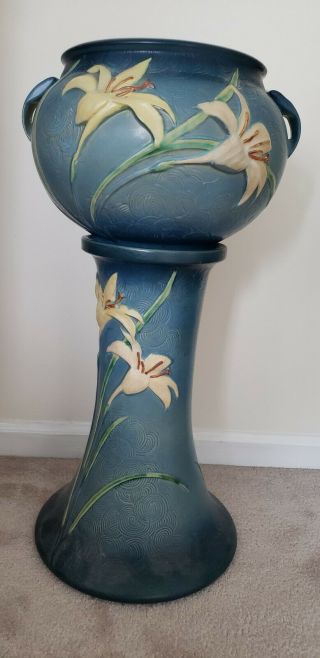 Vintage Roseville 671 - 8”zephyr Lillyjardiniere Pot & Pedestal