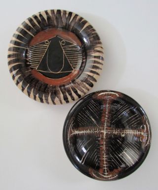 Two Madoura Picasso Style Hand Made Pottery Dishes By Suzanne Ramie 1940 