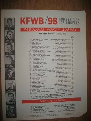 Kfwb 98 Rock Radio Los Angeles Fabulous Forty Survey 3 - 2 - 63 End Of The World 1