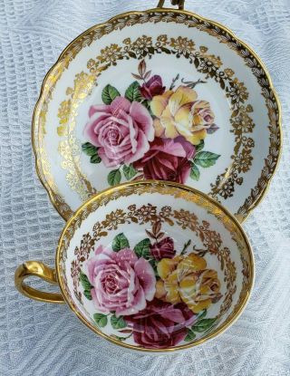 Wow Paragon Large Floating Triple Roses Gold Gilt Wide Mouth Tea Cup & Saucer