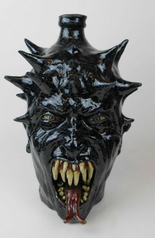 Folk Art Pottery Blue Devil Face Jug By Vonderhey