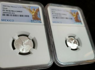 2007 Pf 70 Ultra Cameo 1/10 And 1/20 Silver Proof Libertads Pop 5 And 8 2