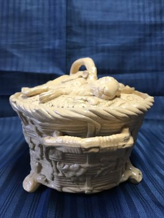 Antique Minton Majolica Game Pie Tureen with Lid Casserole Dish Yellow Caneware 2