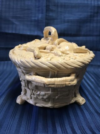 Antique Minton Majolica Game Pie Tureen with Lid Casserole Dish Yellow Caneware 3