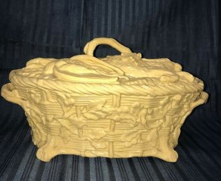 Antique Minton Majolica Game Pie Tureen with Lid Casserole Dish Yellow Caneware 4