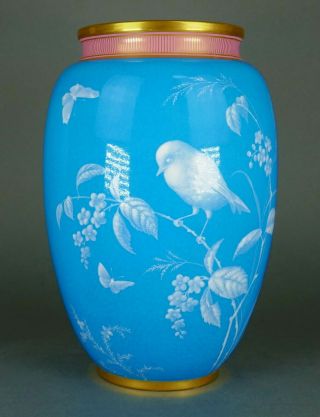 Fine Antique Minton Pate - Sur - Pate Cameo Enamel Decorated Porcelain Bird Vase