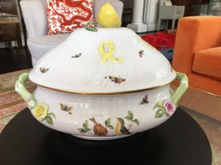 Herend Rothschild Bird Hand Painted Soup Tureen,  Large Oval With Lemon Top