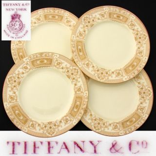 4pc Antique Royal Worcester 9 " Plate Set,  Raised Gold Enamel,  For Tiffany & Co.