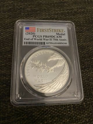 2020 End Of World War 2 Ii 75th Anniversary Silver Medal Eagle Pcgs Pf69dcam,  Fs