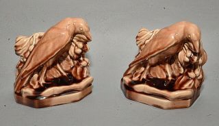 Old Circa 1945 Rookwood Pottery Rook Bird Bookends Lxv 2275 Madder Wine