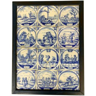 Set Of 12 18th Century Blue And White Delft Tiles In Frame