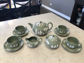Vintage Wedgwood Sage Green White Jasperware Teapot Cream Sugar Cups Saucers Set