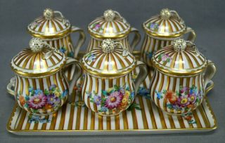 Carl Thieme Dresden Hand Painted Floral & Gold Striped Six Pot De Creme Tray Set