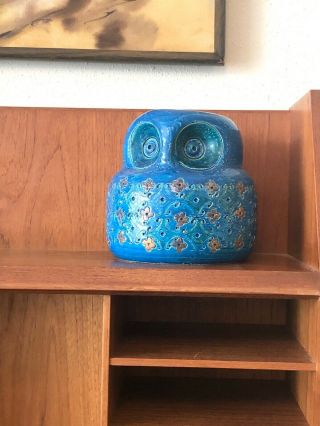 Blue Bitossi Aldo Londi Italy Ceramic Owl Sculpture Mid Century Modern Pottery