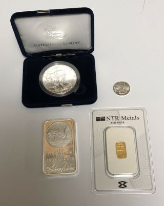 1/10 Oz Gold Bar,  5 Oz Silver Bar,  1oz American Eagle W/gift Box And Bonus Coin