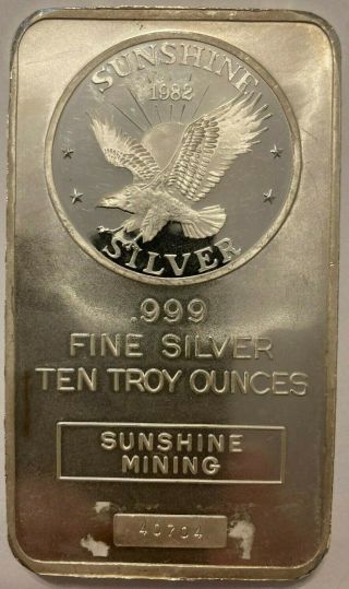 Vintage (1982) Ten Troy Ounce Silver Bar From Sunshine Mining.  0.  999 Silver.