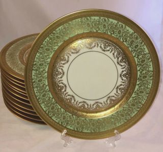 Set/12 Heinrich & Co Edgerton 11 " Porcelain Green Gold Encrusted Dinner Plates