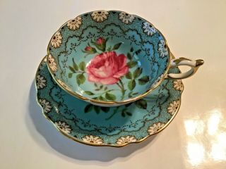 Vintage English Paragon H.  M.  Queen Mary Teacup & Saucer - Blue & Gold With Rose