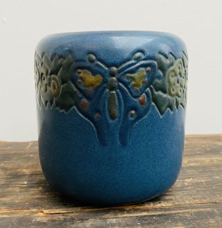 Rare Blue Marblehead Pottery Butterfly Vase - Polychrome On Matte Glaze