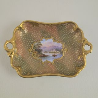 Coalport C1891 - 1920 Small Hand Painted Porcelain Tray With Landscape Raised Dots