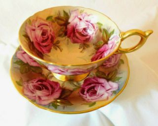 Aynsley Bailey Type Large Pink Cabbage Roses Gold Trim England Cup & Saucer