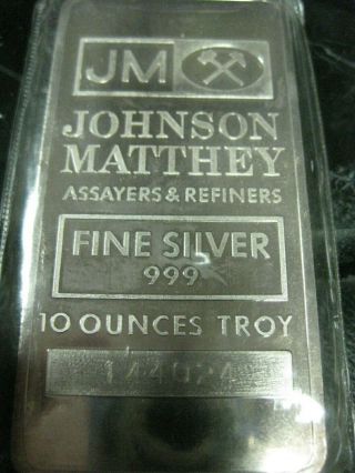10 Troy Ounces Johnson Matthey Assayers & Refiners Silver Bar In Plastic
