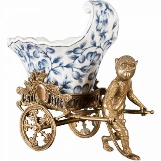 Blue And White Porcelain Planter With Bronze Monkey Pulling Cart
