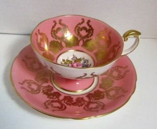 Aynsley England Pedestal Tea Cup And Saucer Roses Gold Pink Signed J A Bailey
