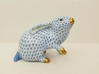 Herend Blue Hand Painted Fishnet Figurine Bunny Rabbit 1 Paw Up,  5335,  4 "
