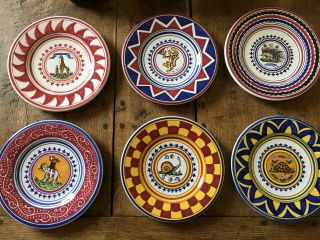 6 Vintage Palio Di Siena Hand Painted Italian Ceramic Salad Plates,  8 Inches