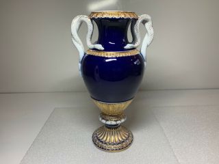 Meissen Large Cobalt And Gold Urn Vase With Twin White Snake Handles