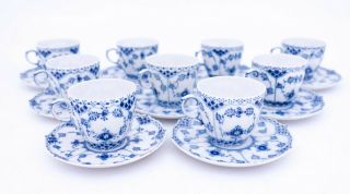 9 Cups & Saucers 1035 - Blue Fluted Royal Copenhagen Full Lace - 3:rd Quality
