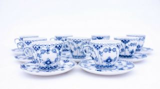 9 Cups & Saucers 1035 - Blue Fluted Royal Copenhagen Full Lace - 3:rd Quality 3